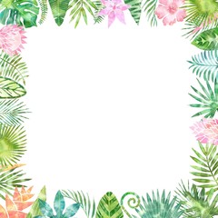 Fototapeta na wymiar Watercolor green tropical plants frame, place for your text. White background isolated. Wedding invitation, card design