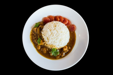 Chicken with Sauce Over Rice with sausage, Green coriander and Thai Red Sausage