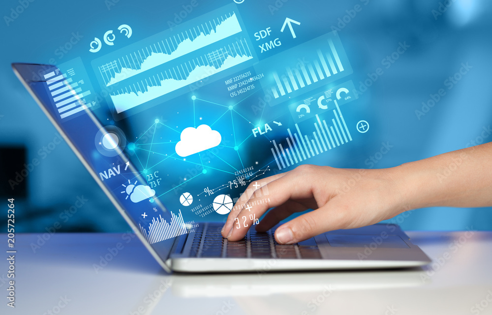 Poster hand using laptop with cloud technology and linked information concept