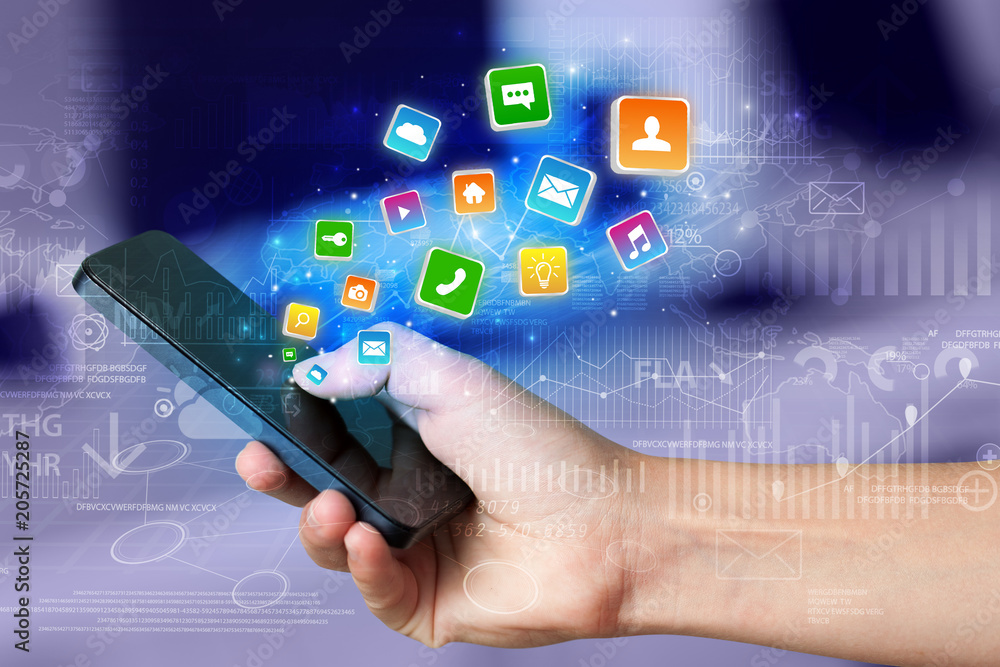 Poster Hand using phone with bouncing colorful application and global reports and graphs concept
