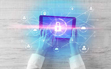 Hand touching online network security  button and cloud, connection and contact concept
