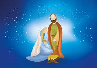 Christmas nativity scene with holy family -Joseph Mary baby Jesus on blue background © melita