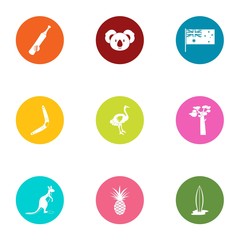 Australia trip icons set. Flat set of 9 australia trip vector icons for web isolated on white background