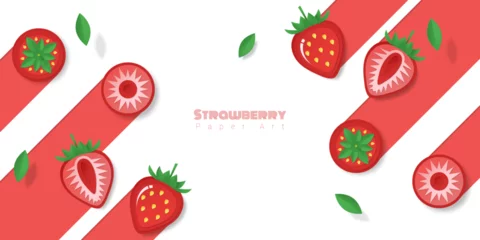 Fotobehang Fresh strawberry fruit background in paper art style , vector , illustration © littleartvector