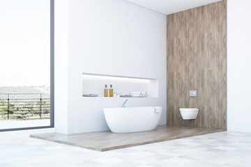 White and wooden bathroom design side view