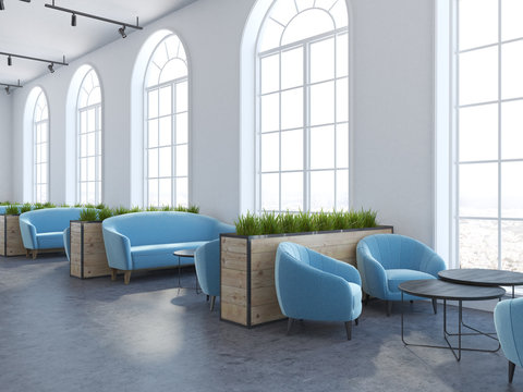 Eco style cafe interior, cyan armchairs and sofas