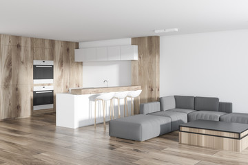 White kitchen in studio, living room side view