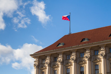 Fototapeta na wymiar Czech flag on the roof of Cerninsky palace, Prague