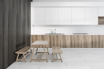 Dark wood rustic dining room interior side view