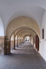 Sidewalk under an arcade, Prague, Czech republic.