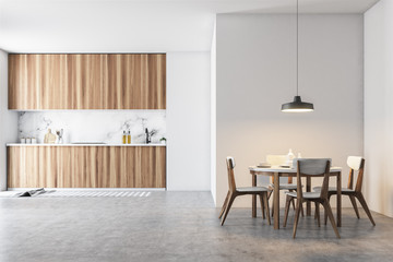 Wooden and gray dining room and kitchen
