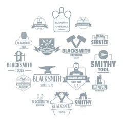 Fototapeta na wymiar Blacksmith metal logo icons set. Simple illustration of 16 blacksmith metal logo vector icons for web