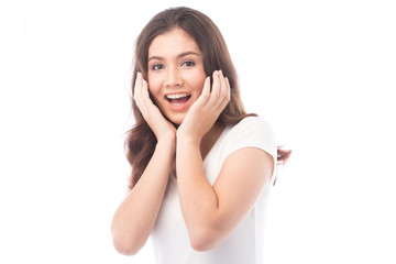 Fototapeta premium half asian woman shocked on white background