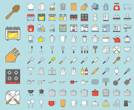 Kitchen utensils and device, bakery equipments, chef uniform and household appliance 100 icons, drawing on grid system, filled thin outline icon 1 px stroke