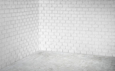 Empty corner white modern brick wall and grey concrete floor perspective room,Modern style room,Mock up for display of product,business presentation