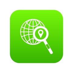 Globe, map pointer and magnifying glass icon digital green for any design isolated on white vector illustration