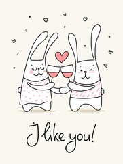 Two cute in loved rabbits with glasses of wine and pink heart. I like you flat vector illustration love card