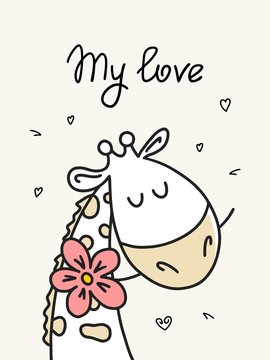 My love card with cute giraffe and flower. Cartoon animal vector flat illustration card