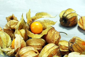 Fresh physalis on grey background. raw sweet small fruit