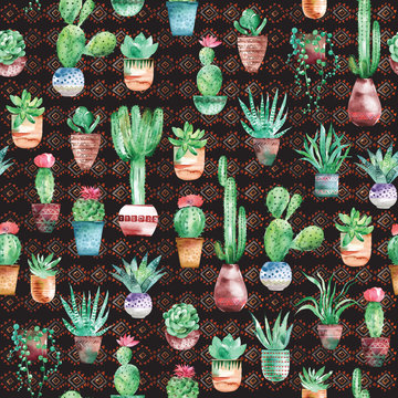 Watercolor seamless pattern with succulents and cactus in the pots on dark background 