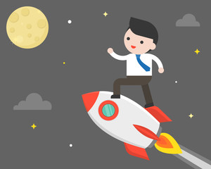 Business man riding rocket flying to the moon, mission to the moon concept