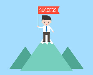 Obraz premium Businessman standing on too of mountain holding red flag, flat design success concept