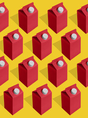 Milk package Pop art Pattern with pink cartons of milk in isometric perspective on a yellow background