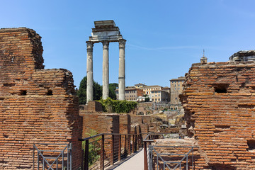 Temple of Dioscuri at Roman Forum in city of Rome, Italy