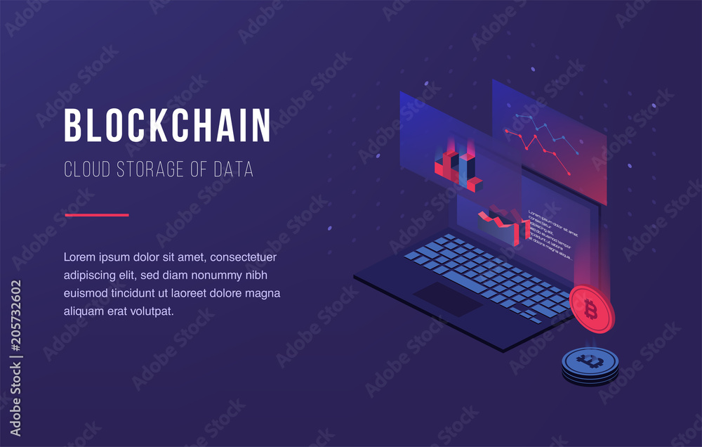 Poster cryptocurrency and blockchain. bitcoin mining farm. creating digital currency. concept for landing p