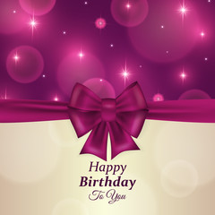 Colorful vector birthday card with text space. Decorated with bow and bokeh background.