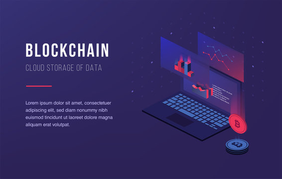 Cryptocurrency and blockchain. Bitcoin mining farm. Creating digital currency. Concept for landing page, web design, banner and presentation. 3d isometric flat design. Vector illustration.