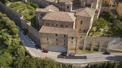Fototapeta na wymiar Aerial view of the municipality of Osimo, in the province of Ancona, in the Marche region, in Italy. The historic center, located on the highest hill of the city, called Gòmero, is a mountain tourist.