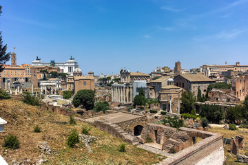 Obraz na płótnie Canvas Panoramic view from Palatine Hill to ruins of Roman Forum in city of Rome, Italy