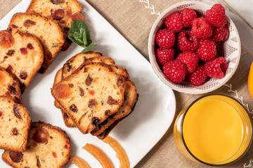 delicious dried fruit cake with raspberries