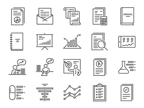 Report icon set. Included the icons as financial report, tax document, lab test, balance sheet, graph, analytic, analysis and more.