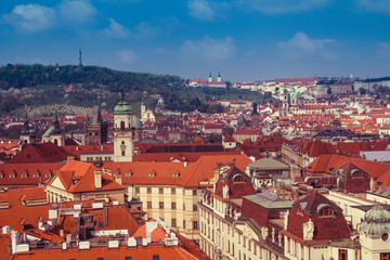 Fototapeta na wymiar Panoramic view of Prague roofs and domes. Czech Republic. Europe.