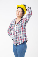Industrial worker woman . Isolated over white background