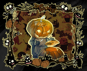 Cartoon halloween frame illustration decorated with diverse evil bizarre creatures and scary characters, monsters, imps,
evil mascots