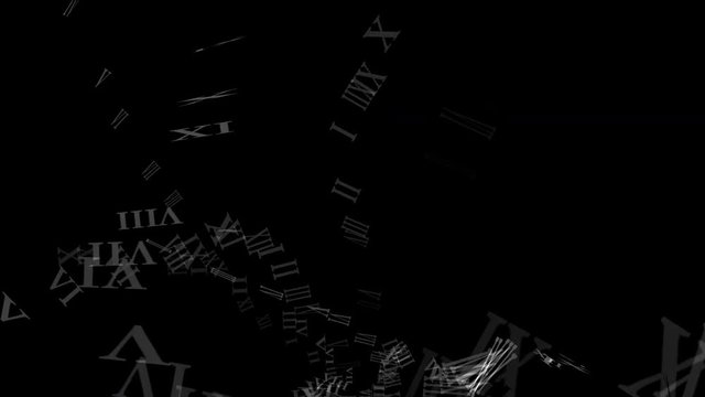 4k Spiral roman numerals characters letters array flying stars stage fireworks,magnetic ribbons space,energy art particle background.
