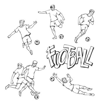 Football player and goalkeeper sketch. Soccers motion with ball in sports uniform in different poses and race. Vector black and white outline illustration and inscription painted letters