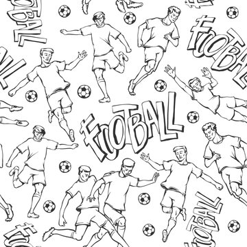 Vector football player with ball sketch seamless pattern. Soccers motion and goalkeeper sports uniform different poses and race. Black and white outline illustration and inscription painted letters