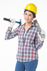 Industrial worker woman . Isolated over white background