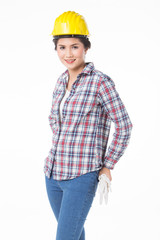 Industrial worker woman . Isolated over white background