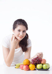 beautiful woman with healthy food, white background isolate