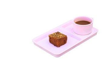 chocolate cake Sprinkle with nuts and coffee cup in pink saucer  on isolated on white background clipping path