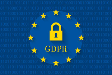 GDPR concept with lock and flag of EU. Binary code in background as digital data symbol.