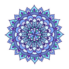Vector Color Ornament mandala. Vintage decorative elements painted in blue shades. Hand drawn background. Festive colorful mandala pattern.