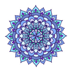 Vector Color Ornament mandala. Vintage decorative elements painted in blue shades. Hand drawn background. Festive colorful mandala pattern.