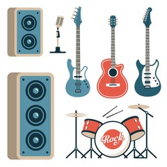 Obraz premium Musical instruments for rock band - acoustic, electric and bass guitars, drum set, microphone and speakers. Flat style.