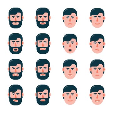 The head of a man with various emotions in slightly turned. Variants with a beard and without. Flat style.